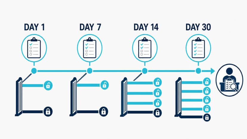 Four evidence-gated roofing sales onboarding checkpoints at Day 1, Day 7, Day 14, and Day 30 with restricted work remaining locked for manager review.