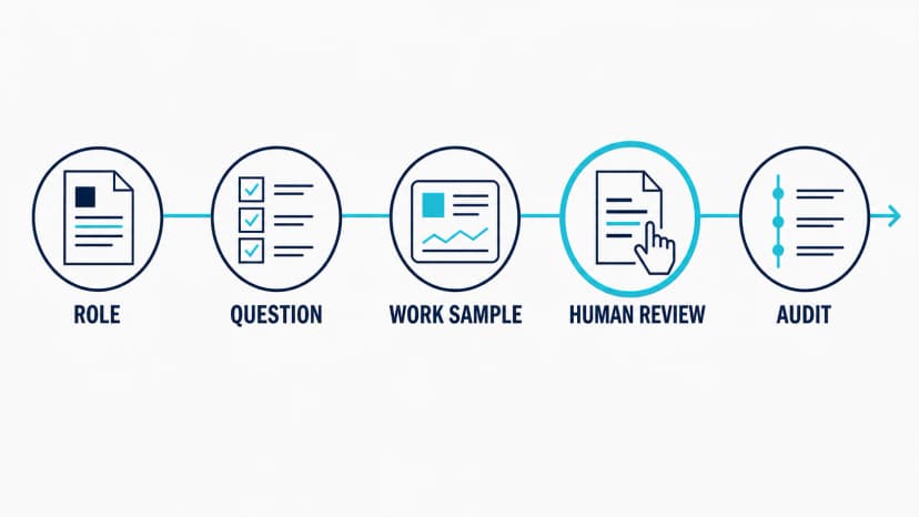 Five-stage AI-assisted applicant screening evidence loop moving from role and structured question to work sample, human review, and process audit.