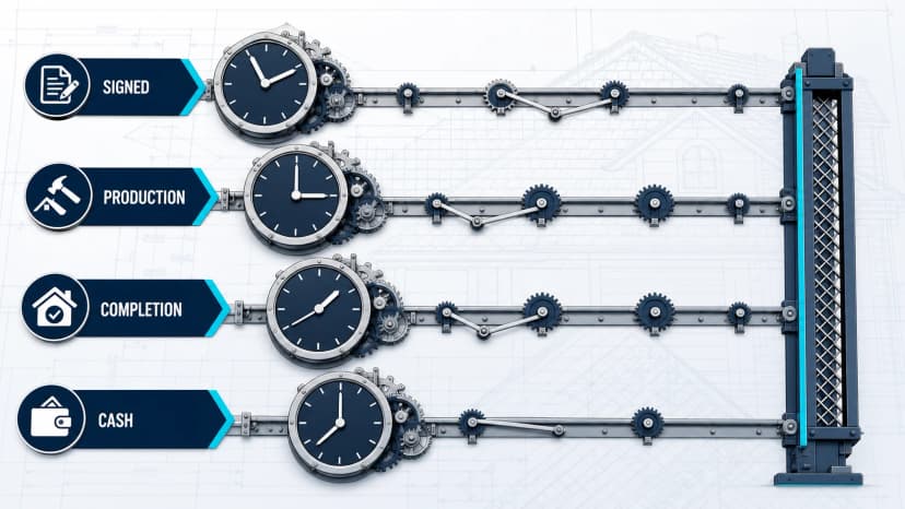 Four separate roofing forecast clocks for signed work, production, completion, and cash moving on distinct operational timelines.