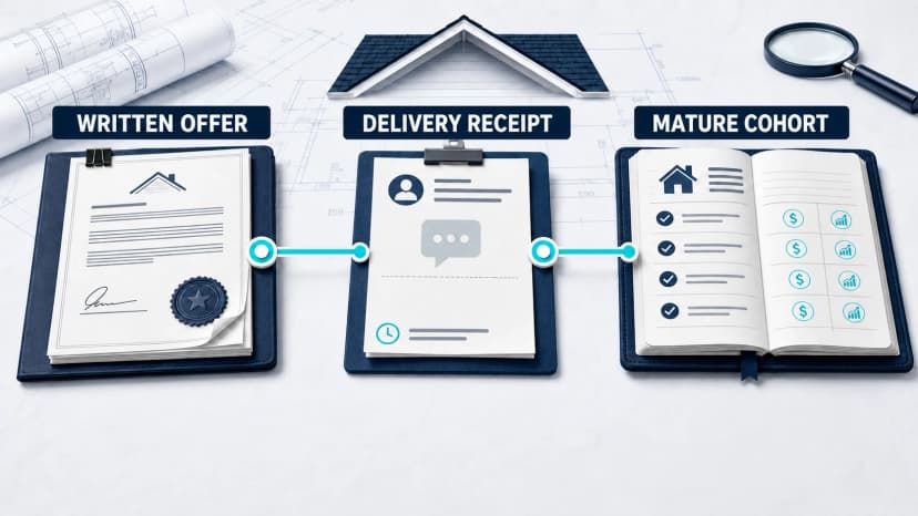 Three-part roofing marketplace lead test linking the written offer, delivery receipt, and mature cohort before an Angi or HomeAdvisor decision.