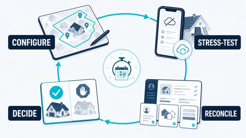 Four-stage roofing canvassing software pilot loop: configure a controlled territory, stress-test field and offline workflows, reconcile CRM records, and make a written pass-or-fail decision