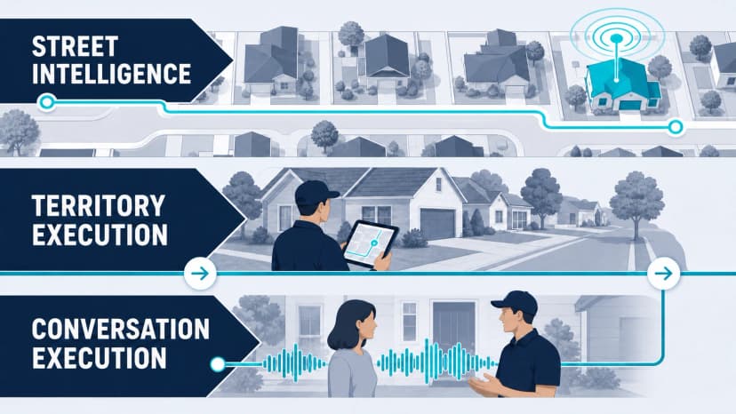 Three connected roofing field-system layers: street intelligence identifies where to work, territory execution records who worked each property and what happened, and conversation execution examines how the rep handled the homeowner interaction