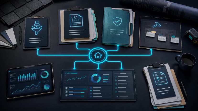 A roofing CRM operations map showing lead intake, estimates, job files, production handoff, reporting, and finance connected in one workflow