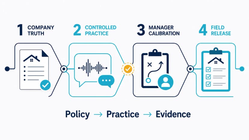 Four-stage custom AI roofing training system moving from approved company truth through controlled conversation practice and manager calibration to source-backed field release