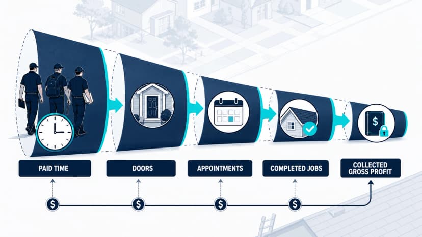 Roofing door-knocking ROI funnel connecting paid field time and doors to appointments, completed jobs, and collected gross profit.