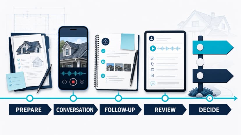 Five-stage roofing coaching proof loop moving from preparation through the customer conversation, follow-up, manager review, and a documented decision.