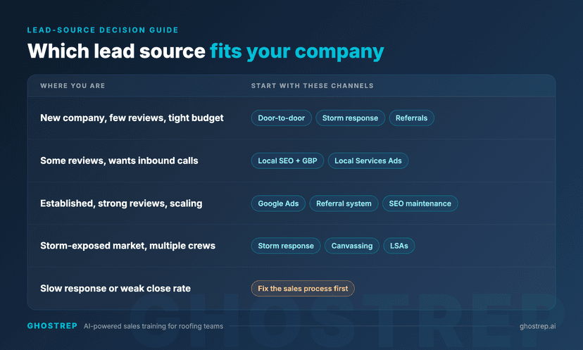 Which roofing lead source fits your company: new companies with few reviews start with door-to-door, storm response, and referrals; companies with some reviews add local SEO and Local Services Ads; established companies use Google Ads, a referral system, and SEO; storm-exposed markets use storm response, canvassing, and LSAs; companies with slow response or weak close rates should fix the sales process first