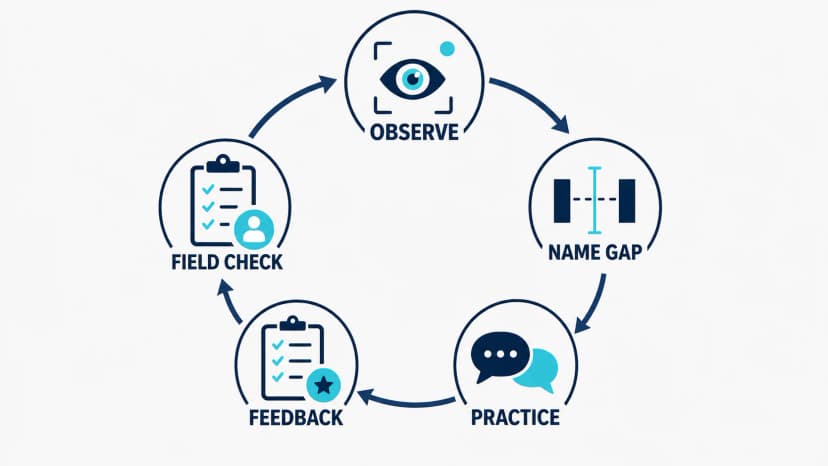 Five-stage roofing objection coaching loop showing observe, name the gap, practice, feedback, and a manager-controlled field check.