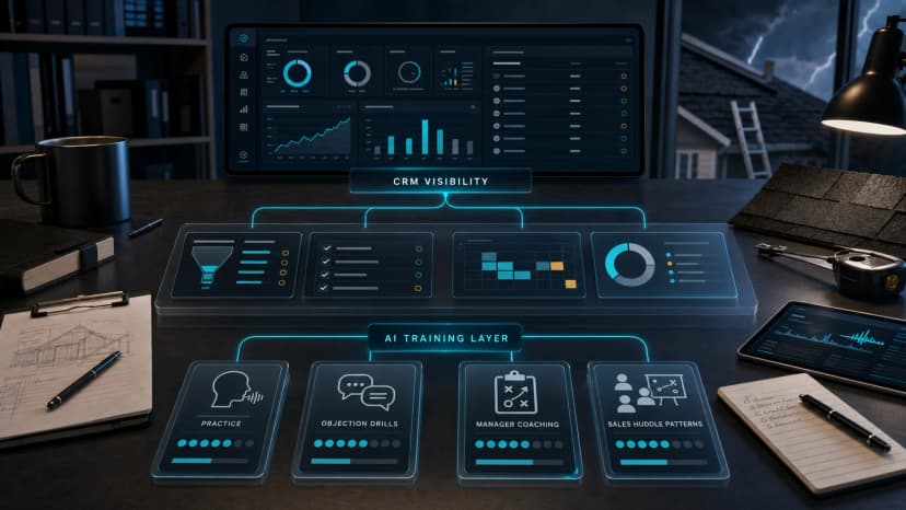 A roofing CRM visibility dashboard connected to AI training cards for practice, objection drills, manager coaching, and sales huddle patterns