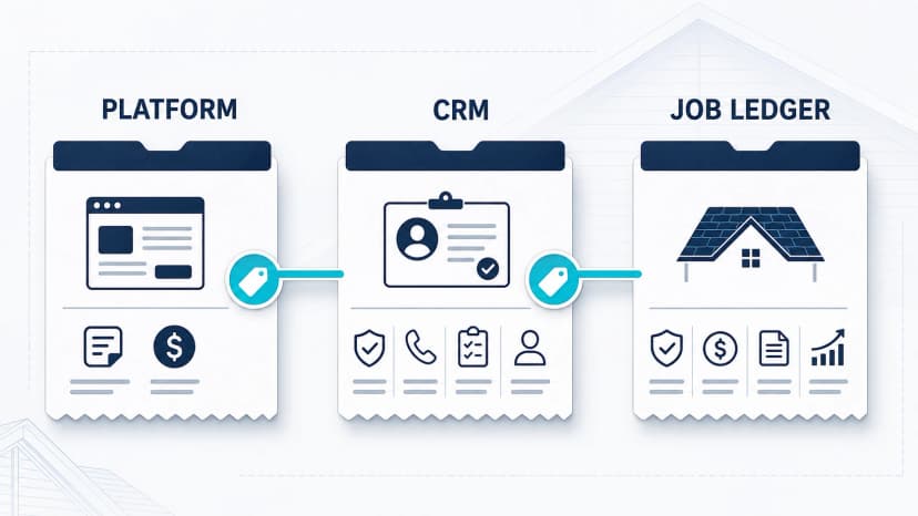 Three connected evidence receipts for a roofing Facebook lead: the advertising platform record, CRM record, and completed-job ledger.