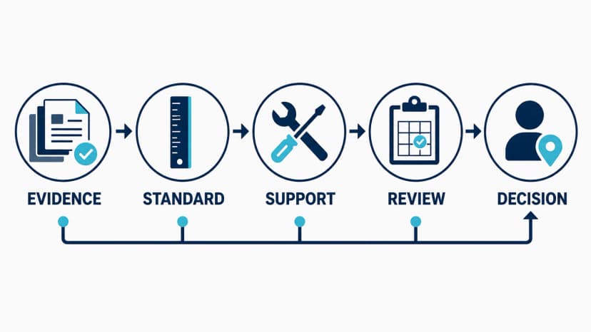 Five-stage roofing sales performance plan cycle connecting source evidence, job standard, matching support, dated review, and human decision.