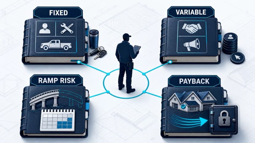 Roofing sales representative surrounded by four connected cost ledgers for fixed cost, variable cost, ramp risk, and payback evidence.