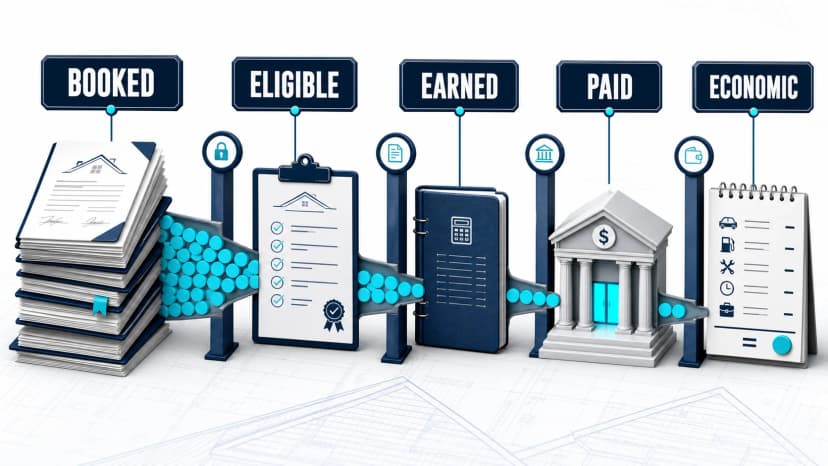 Roofing sales commission waterfall showing a job moving from booked to eligible, earned, paid, and finally to economic take-home value.