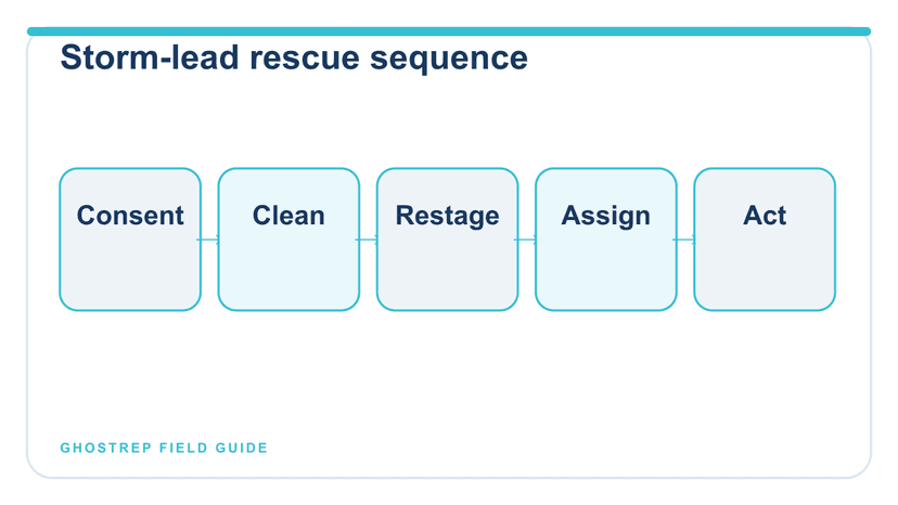 A five-stage storm-lead rescue sequence from consent verification through the next useful action.