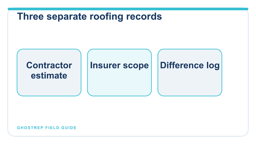 Three separate records for contractor scope, insurer scope, and documented differences.