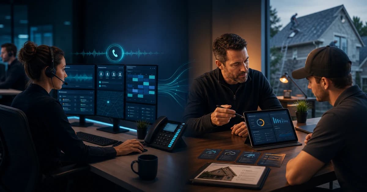 Home-services call-center operator routing inbound demand beside a sales manager coaching a roofing field representative