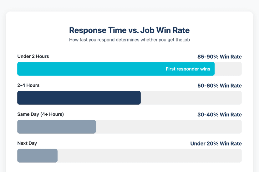 Response Time vs Win Rate - Emergency roof repair leads convert at 85-90% when you respond within 2 hours