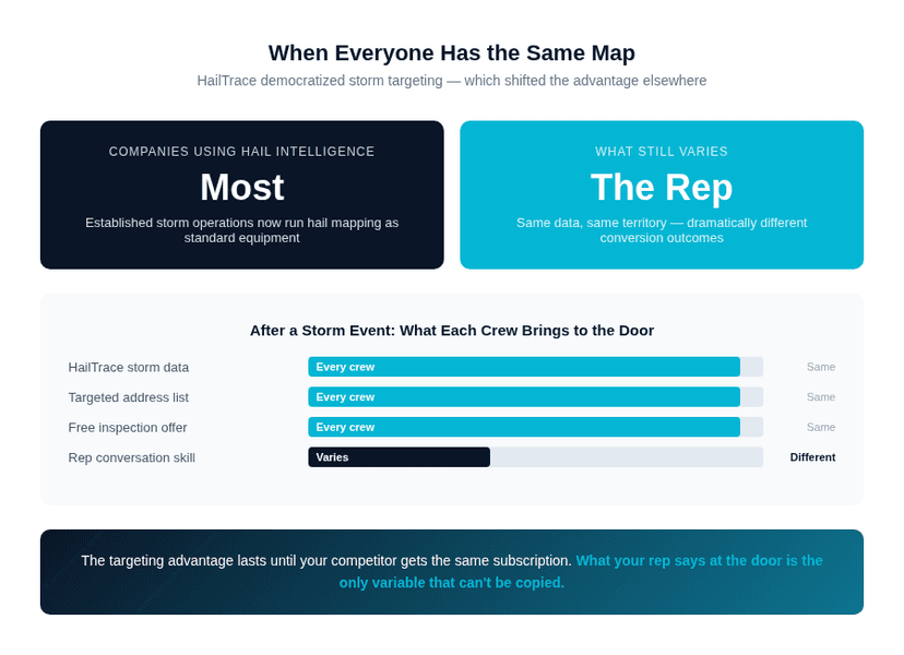Multiple roofing companies converging on the same storm-targeted neighborhood — showing how shared data shifts the advantage to rep skill