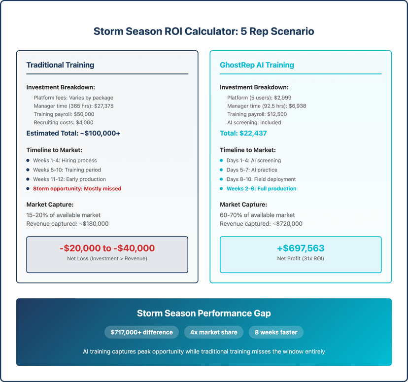 GhostRep AI comparison chart for roofing sales training showing costs and ROI metrics