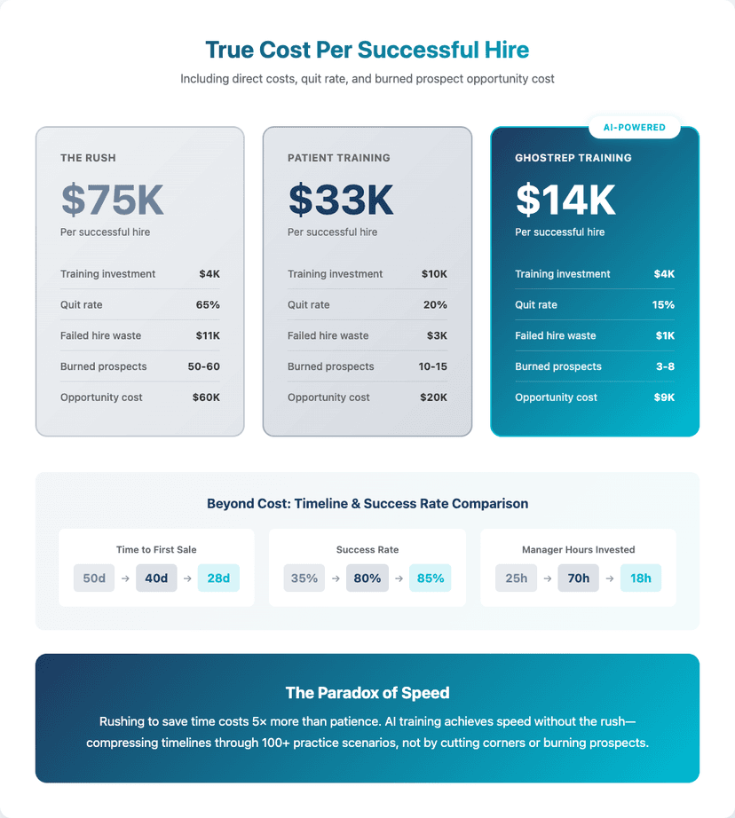 True Cost Per Successful Hire - Rush approach $75K, Patient training $33K, AI-powered GhostRep $14K