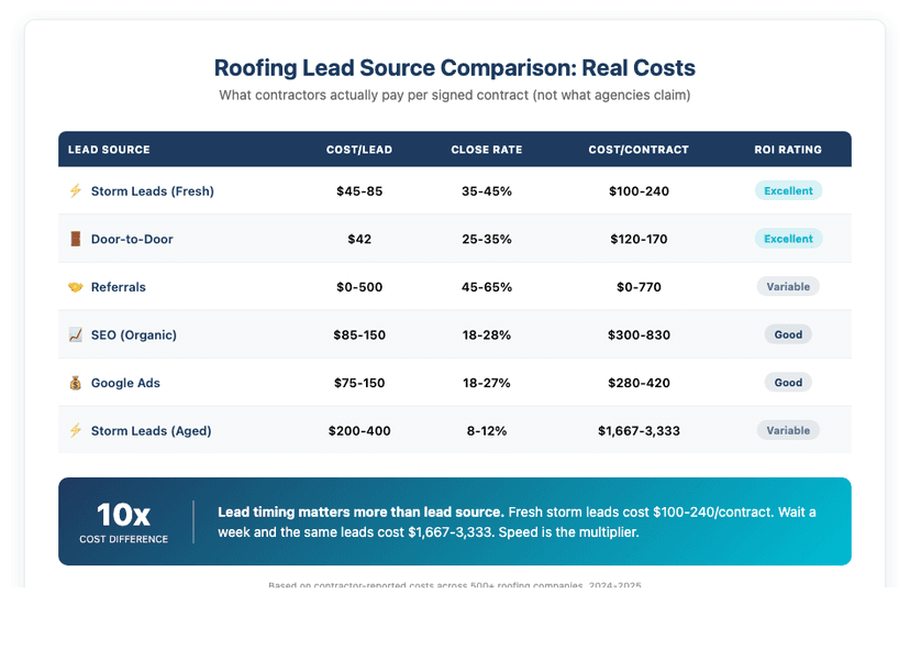 Roofing Lead Source Comparison - Cost per lead and cost per signed contract for storm leads, door-to-door, referrals, SEO, and Google Ads