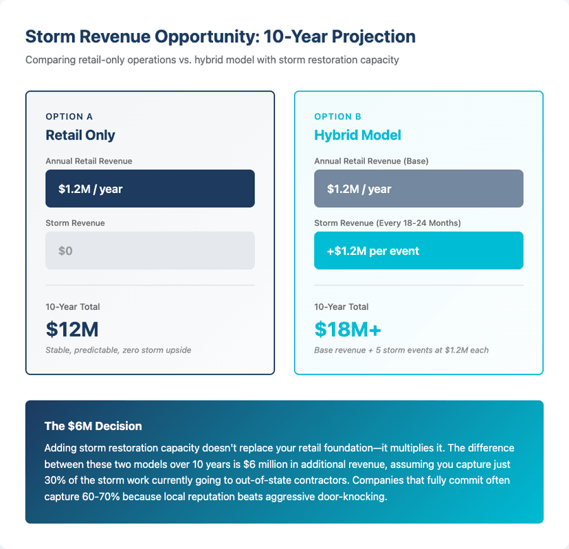 Storm Revenue Opportunity: 10-Year Projection comparing retail-only vs hybrid model