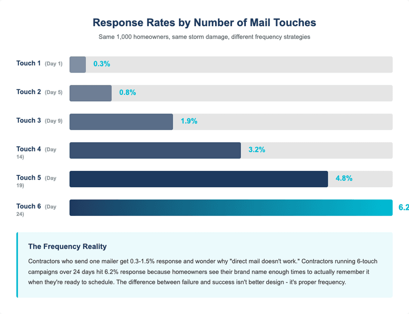 Response rates by number of mail touches - showing increase from 0.3% at Touch 1 to 6.2% at Touch 6 over 24 days