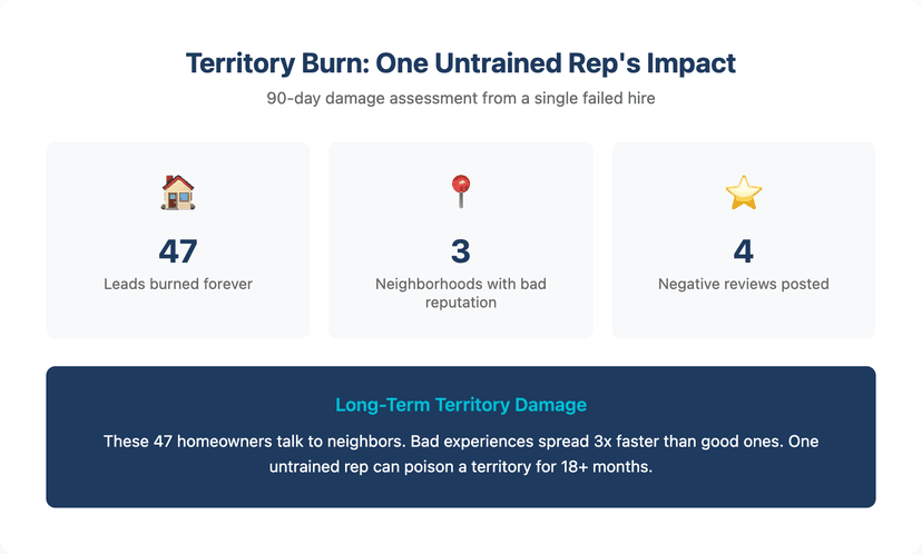 Territory burn map showing how one untrained rep damages roofing sales territory