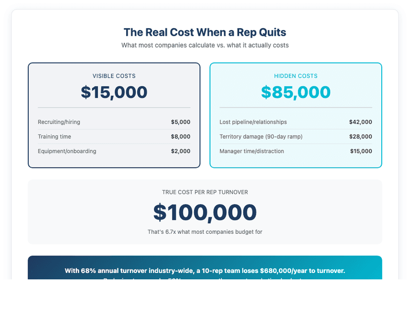 Hidden Cost of Rep Turnover - $15K visible costs vs $85K hidden costs equals $100K total
