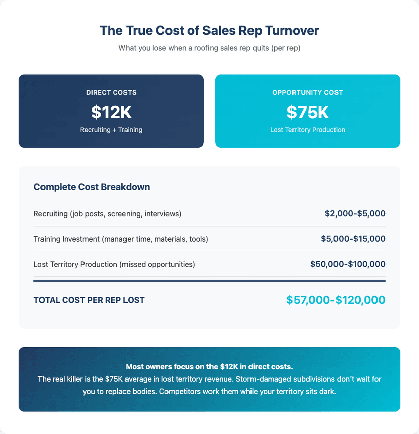 True cost of roofing sales turnover showing $12K direct costs and $75K opportunity costs per rep lost