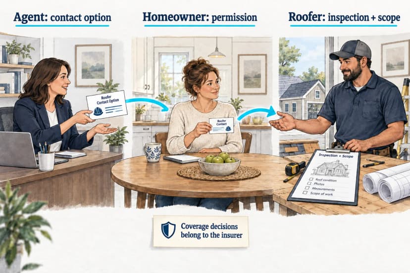 Insurance agent shares a contractor contact option, the homeowner controls permission, and the roofer handles inspection and scope.