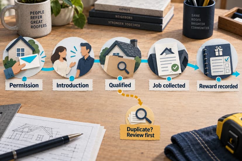 Referral record moving from permission and introduction through qualification, job collection, and recorded reward, with a separate duplicate-review branch.