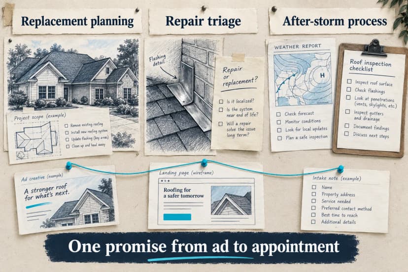 Three illustrated roofing advertising approaches: replacement planning, repair triage, and an after-storm inspection process, joined to a matching landing page and intake note.