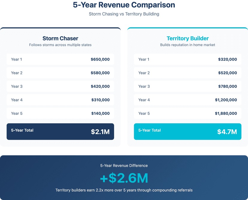 Storm chasing versus territory building 5 year revenue comparison showing $2.1M storm chaser versus $4.7M territory