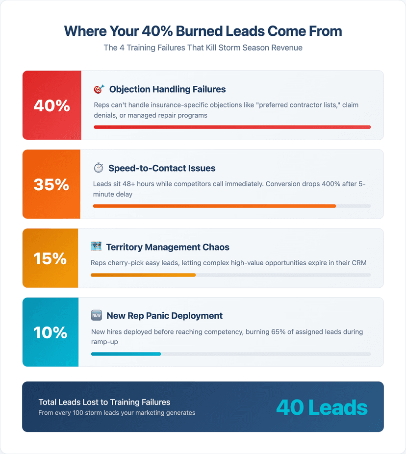 Storm season burned lead breakdown infographic showing 40% objection handling failures, 35% speed-to-contact issues