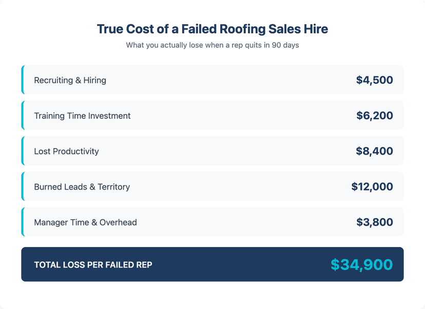 Total cost breakdown of failed roofing sales rep hire including recruiting training and lost revenue