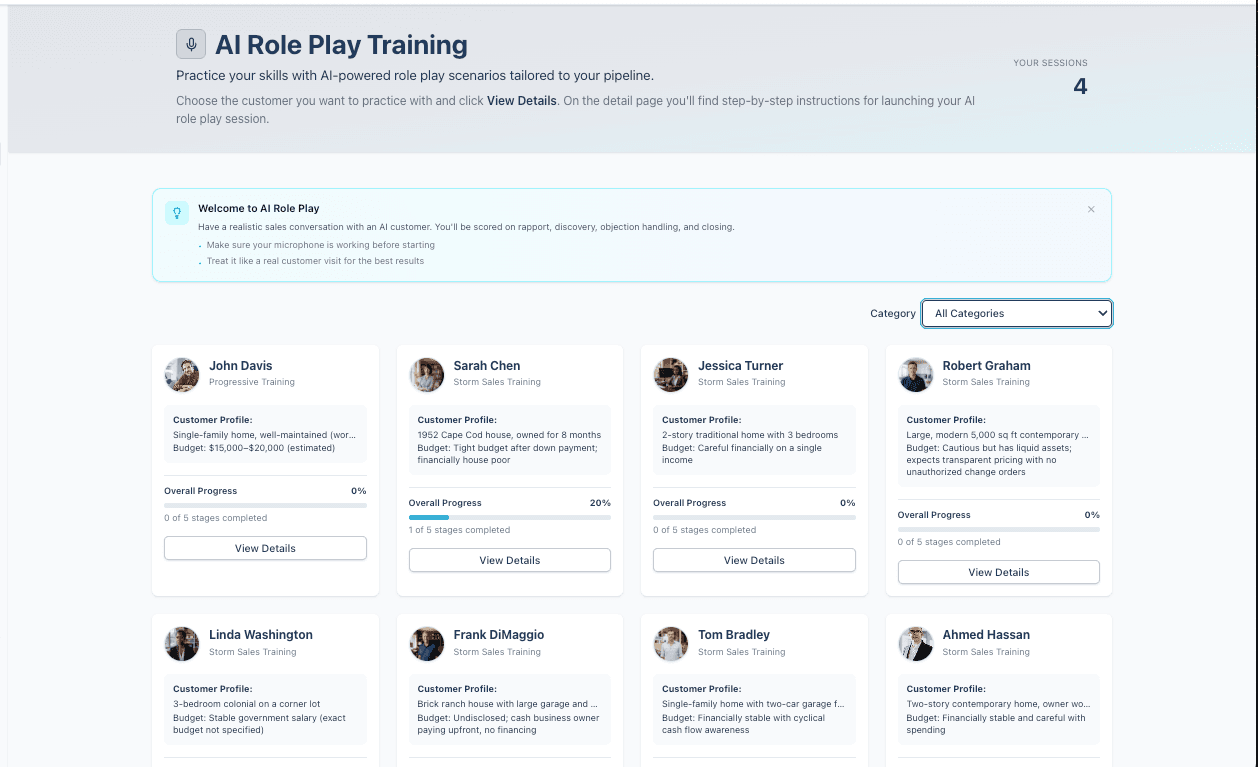 GhostRep AI Role Play scenario library in a demo account
