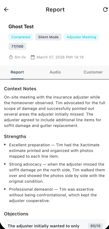Echo test-session report excerpt showing Context Notes and Strengths from a field conversation.