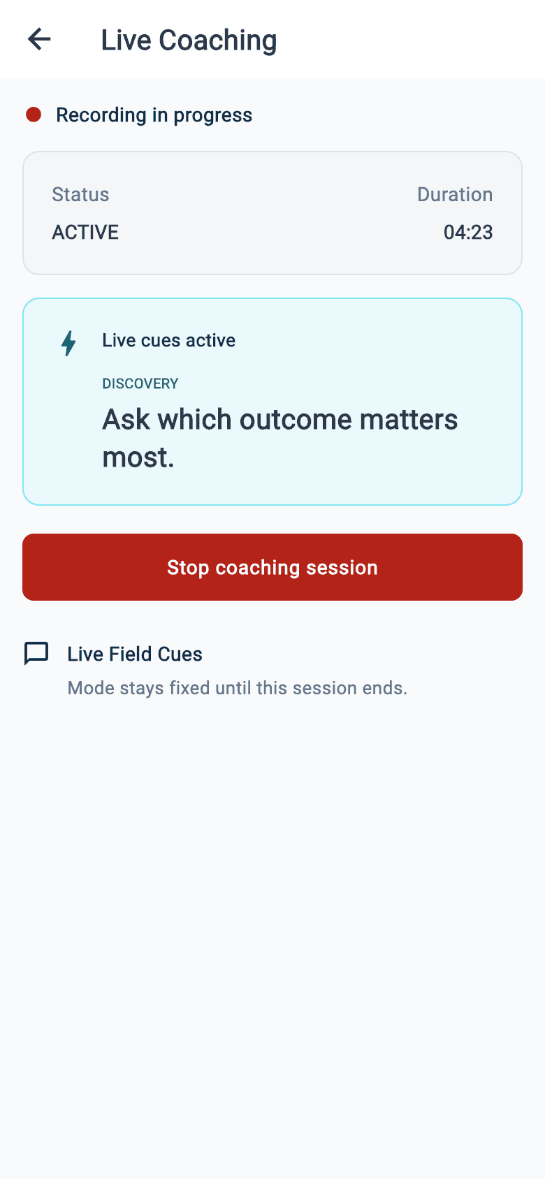 Echo native app preview showing recording status and a sample live discovery cue