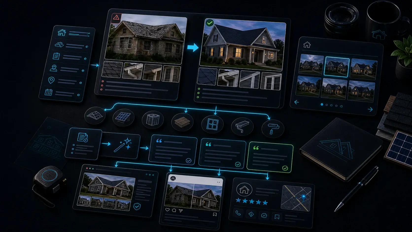 GhostRep before and after project description cover showing project photo pairs and gallery description workflow