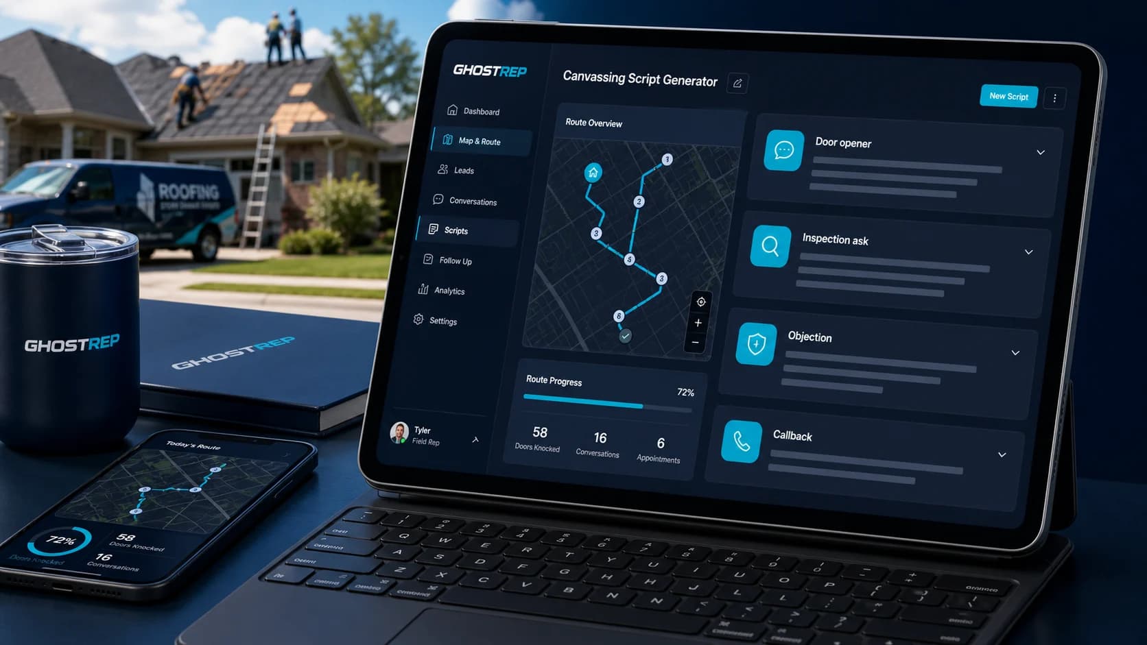 GhostRep canvassing script generator on a tablet showing a door-knock route map with opener, inspection ask, objection, and callback prompts, a roofing crew working in the background.