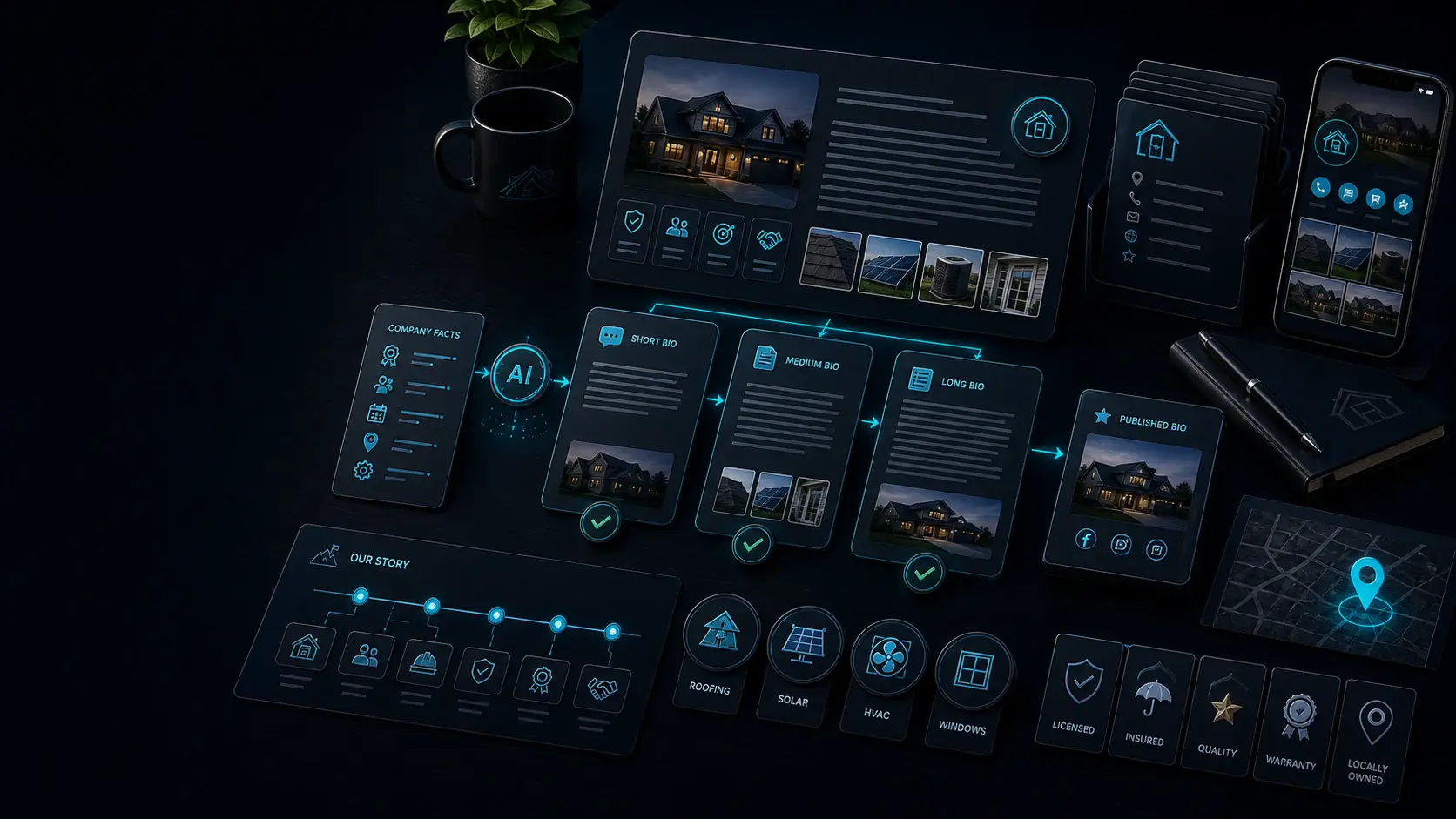 GhostRep company bio generator cover showing contractor profile cards, service proof, and about-us bio variants