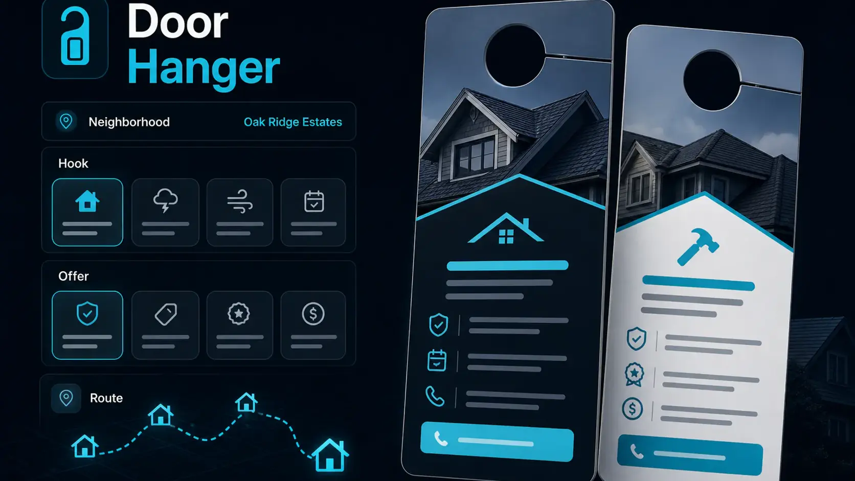 GhostRep door hanger copy generator cover showing a contractor canvassing campaign builder
