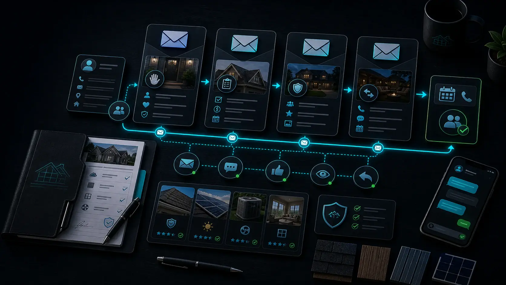 GhostRep email nurture sequence cover showing contractor follow-up email cadence, lead cards, and booked conversation workflow