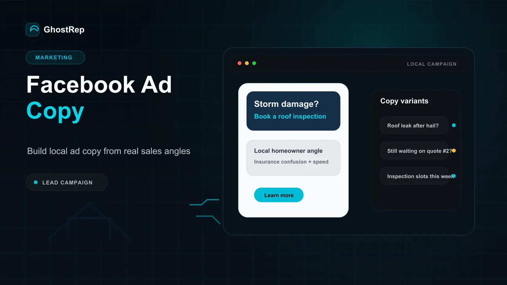 GhostRep Facebook ad copy generator cover showing a contractor local ad campaign workflow