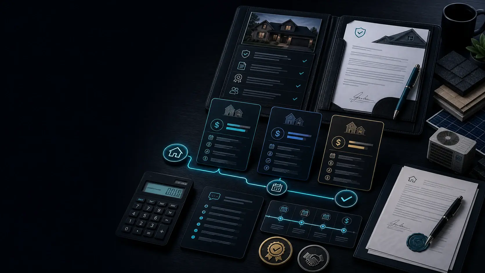 GhostRep financing pitch script cover showing payment option cards, proposal materials, and contractor financing conversation flow