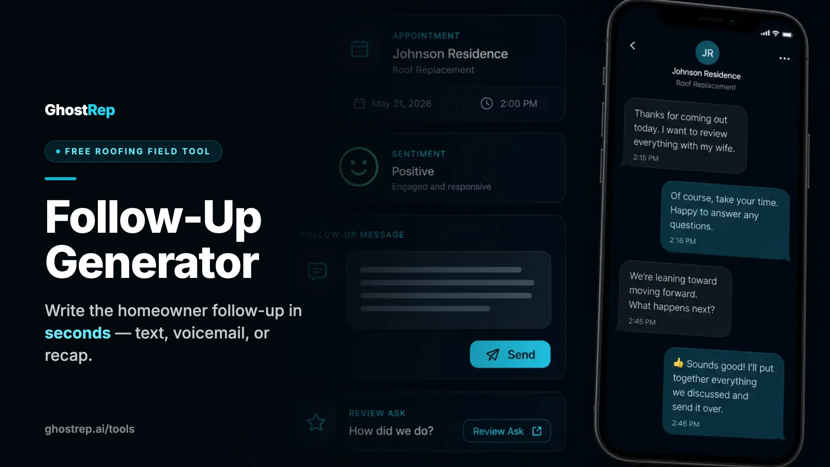 Follow-Up Generator cover — a GhostRep free roofing field tool, over a homeowner text thread for a roof replacement and a follow-up message composer on a phone.