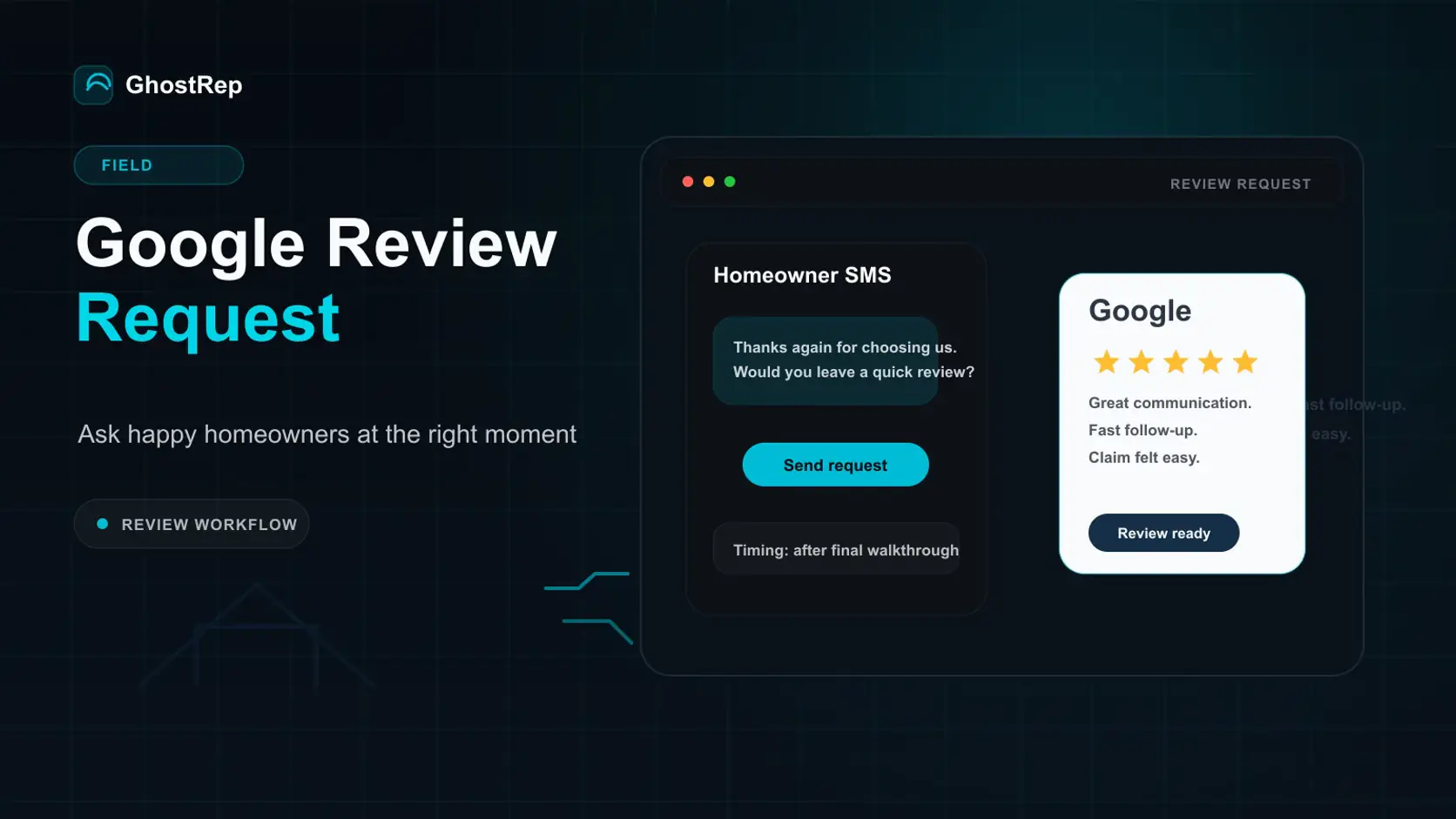 GhostRep Google review request cover showing a contractor review follow-up workflow