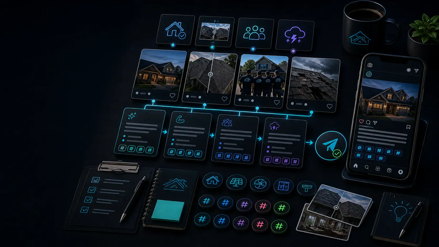 GhostRep Instagram caption generator cover showing project photo cards, caption drafts, and hashtag workflow
