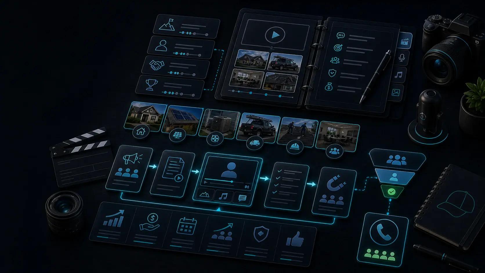 GhostRep recruiting video script cover showing candidate attraction storyboard, hiring funnel, and role pitch workflow
